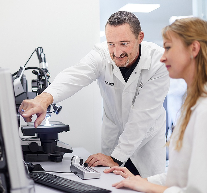 lab workers discussing stability storage data