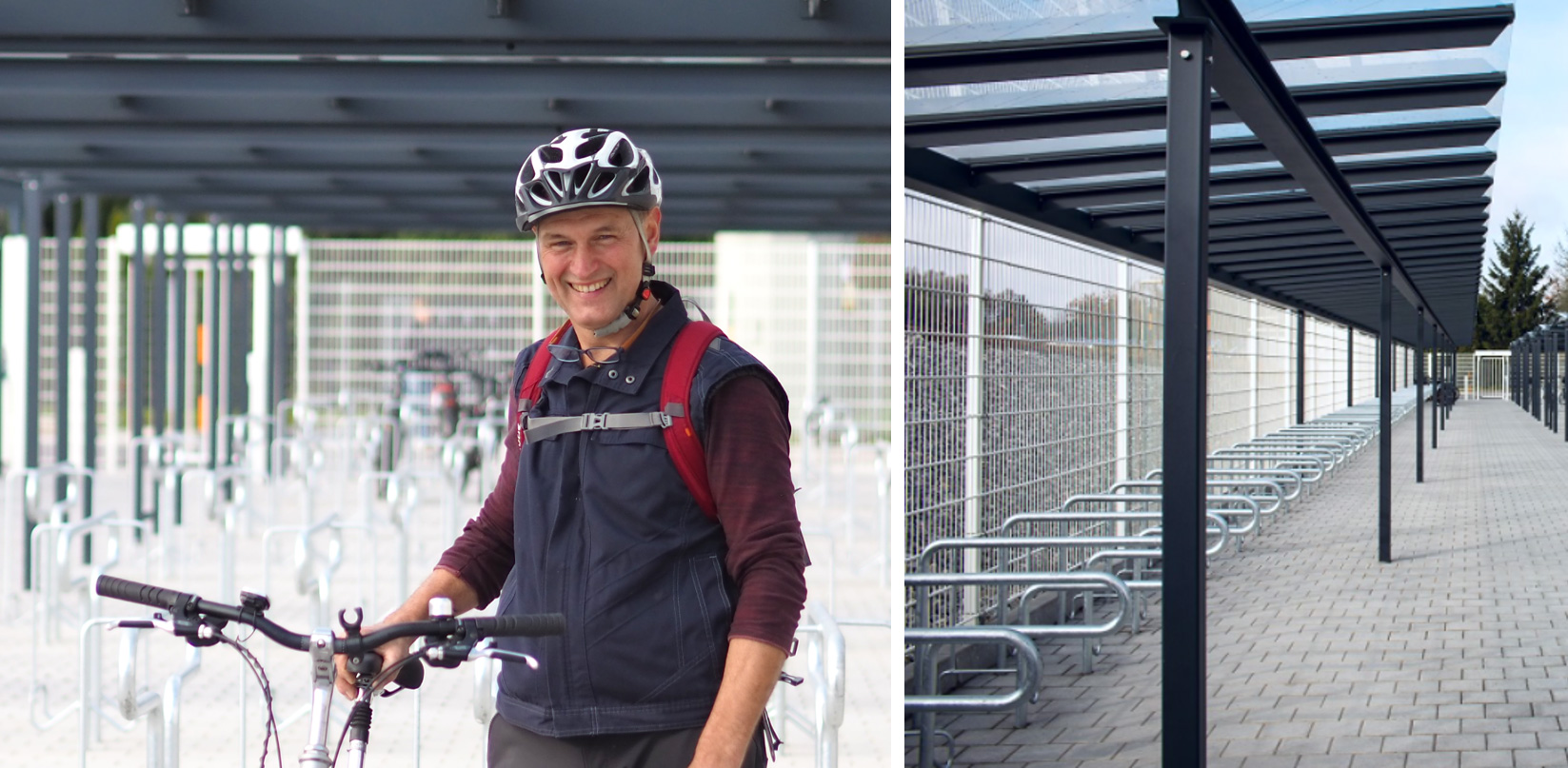 Ein Mitarbeiter mit einem Fahrrad an den Fahrradständer 