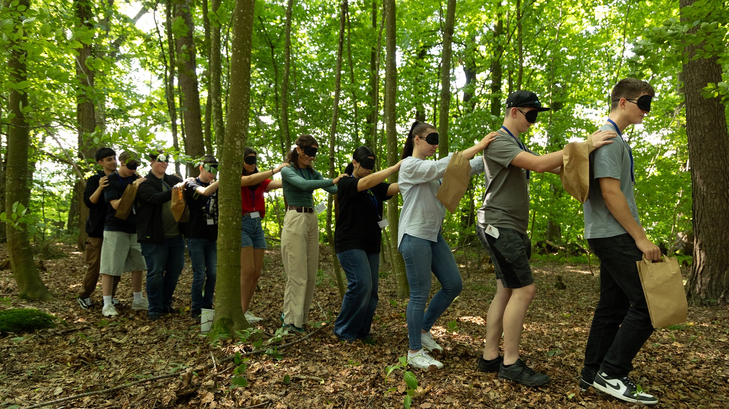 Azubi-Event 2024: Azubis laufen bei einem Spiel mit verbundenen Augen durch den Wald